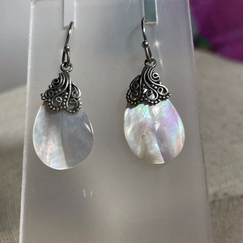 925 Stamped Mother of Pearl Dangle Earrings 1 ½” L